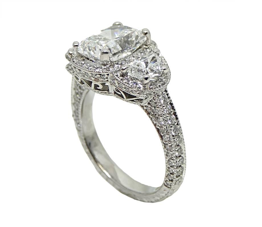 Radiant Cut 2.71 Carat Radiant Diamond and Half Moon Diamond Platinum Engagement Ring For Sale