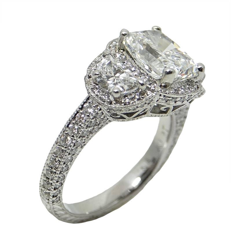 2.71 Carat Radiant Diamond and Half Moon Diamond Platinum Engagement Ring In Excellent Condition For Sale In Naples, FL