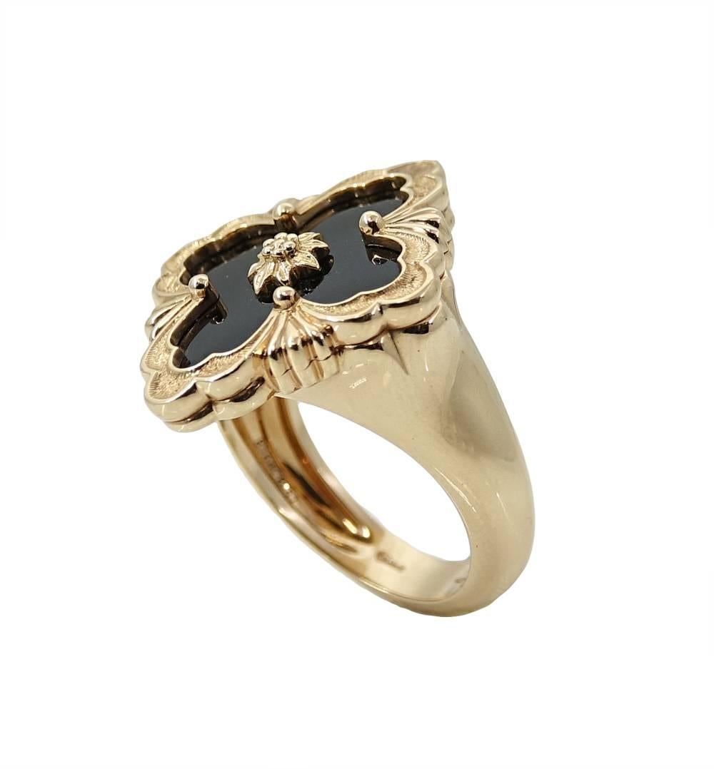 This Classic Styled Buccellati Ring Is 18K Rose Gold With A Black Onyx Logo Element Placed Delicately In The Center Of Beautifully Carved Rose Gold, Weighing A Total Carat Weight Of 4.50 Carats. This Buccellati Ring Was Carefully Handcrafted In