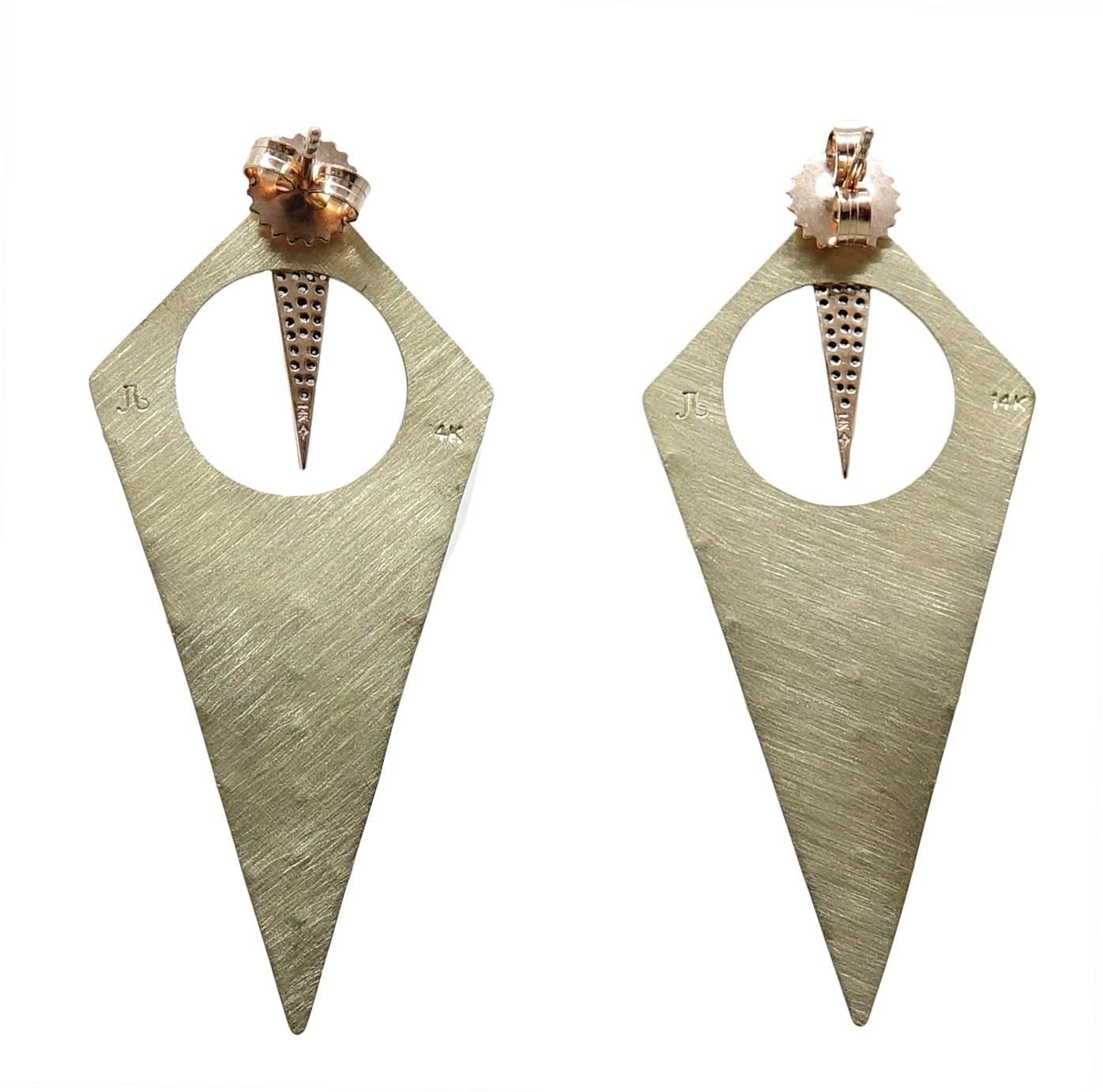 These Unique Julez Bryant Earrings Are 14K Yellow And Rose Gold. These Earrings Make Quite A Statement With Their Long Kite Design Giving The Piece An Edgy Look. Pave Diamond Daggers Are Added To The Top Of These Earrings. The Blackened Diamonds