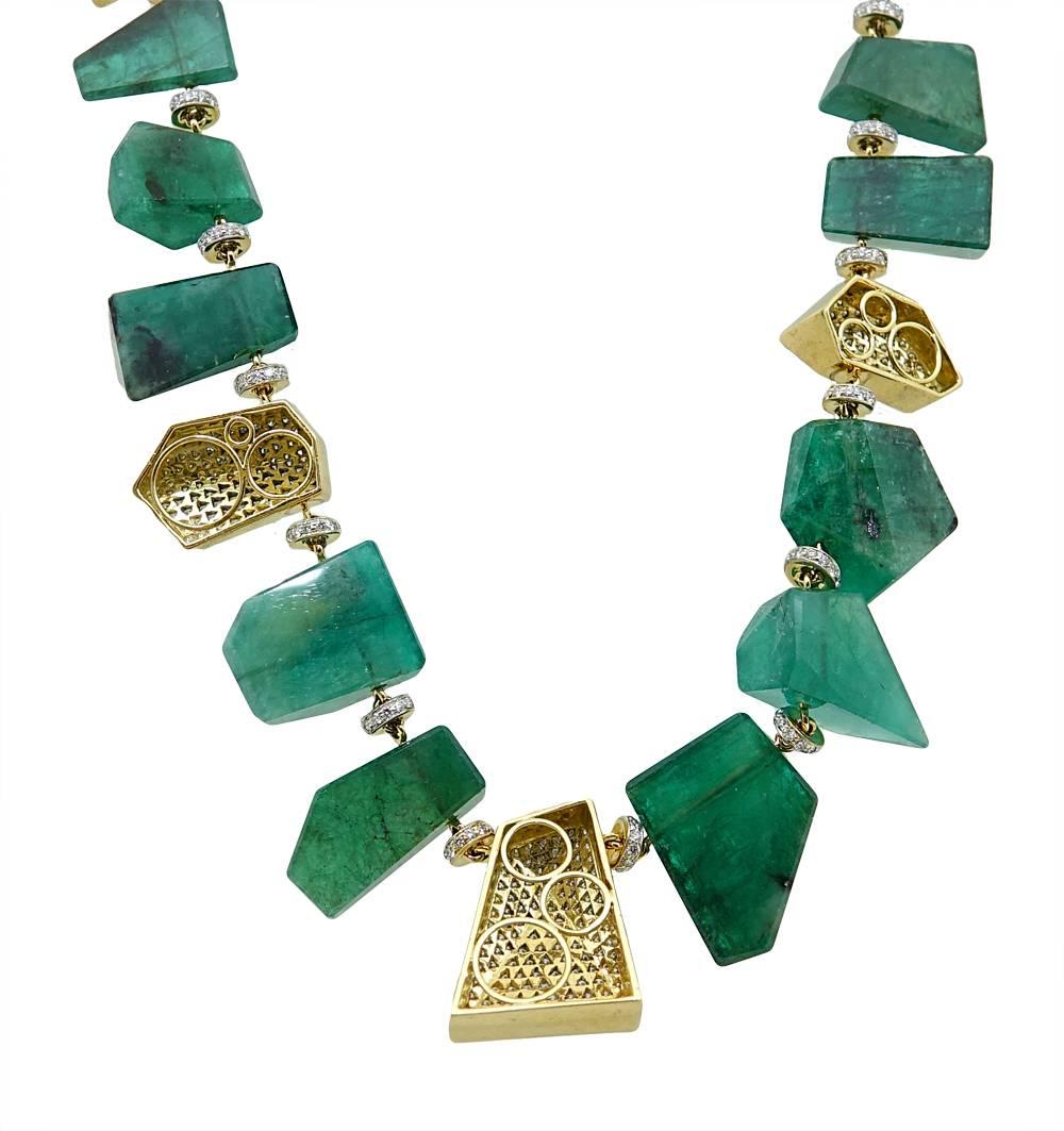 This Heirloom-quality 18K Yellow Gold Necklace By Pamela Huizenga Has Absolutely Stunning Faceted Emerald Nugget Beads Weighing A Total Carat Weight Of 343.80 Carats. Pave Diamond Sections Add A Touch Of Sparkle and Weigh A Total Carat Weight Of
