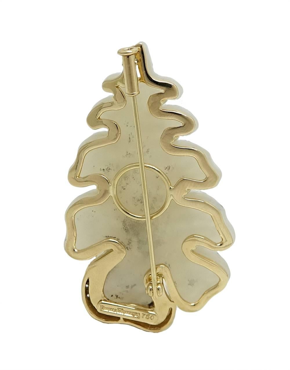 This Contemporary 18K Yellow Gold Pamela Huizenga Leaf Brooch Has Natural Druse Agate Weighing A Total Carat Weight Of 41.21 Carats. Diamond Accents Add A Bit More Sparkle To This Brooch and Weigh A Total Carat Weight Of .37 Carats. This Whimsical