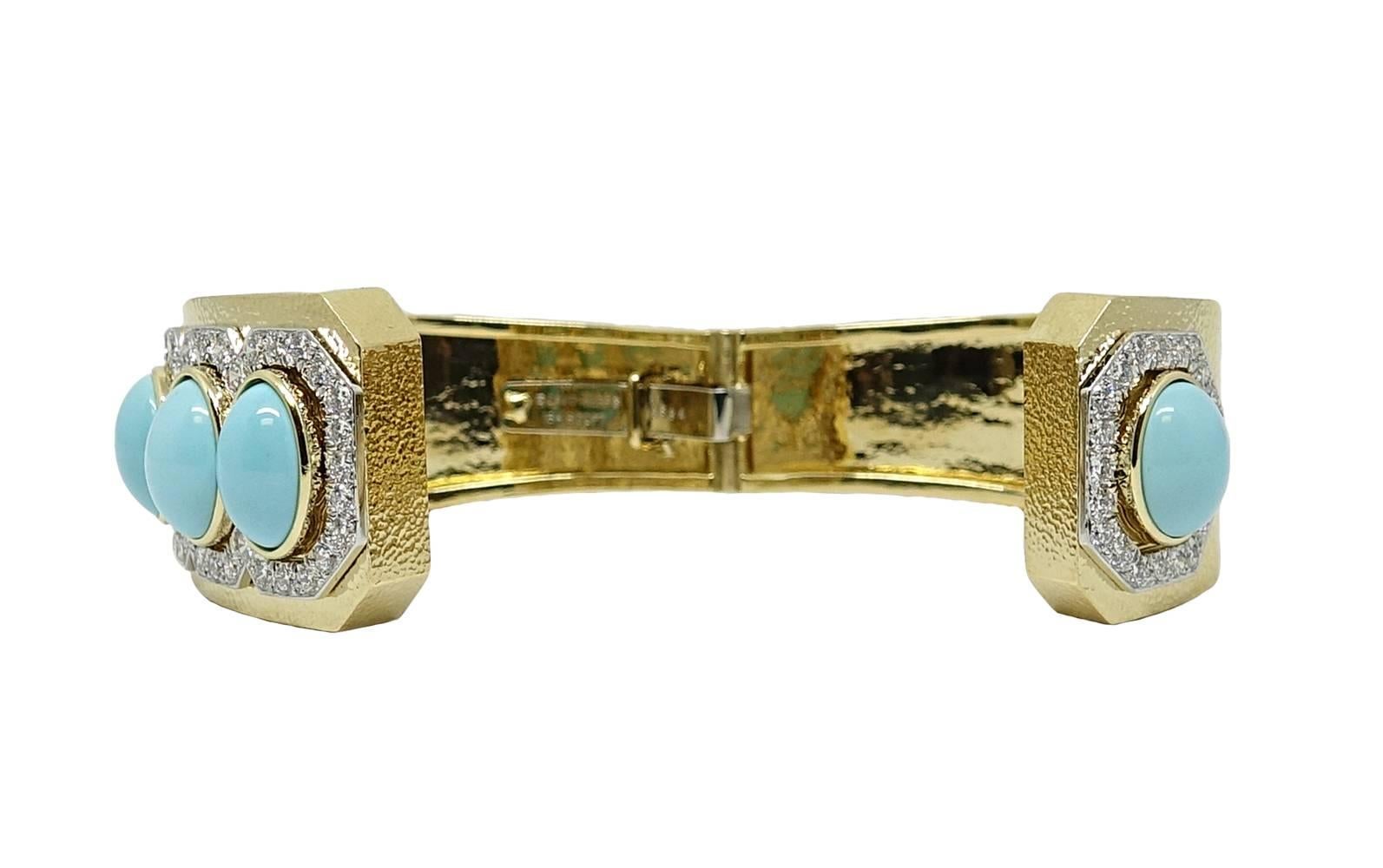 Women's or Men's David Webb Turquoise and Diamonds Yellow Gold Cuff For Sale