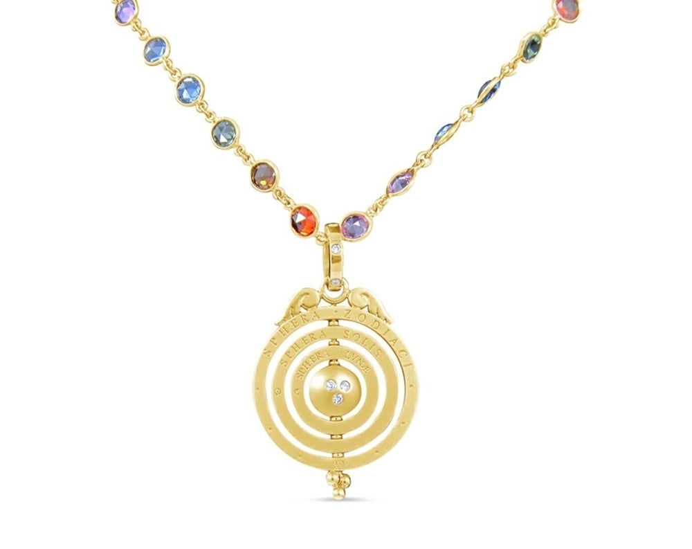 We are pleased to offer this Temple St Clair 18K Three Ring Tolomeo Pendant with mixed colored Sapphire and Diamond, pendant retails for $10,500. This Pendant also comes with your Temple St Clair necklace 18K Longchain with rose cut Mixed color
