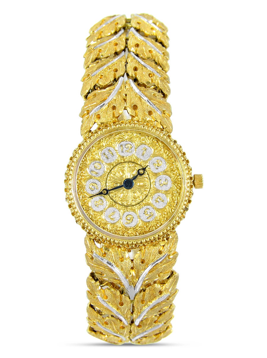 Buccellati Gianmaria 18K Two Tone Leaf Pattern Ladies Watch. This timepiece is a fantastic example of the precision artwork the Buccellati artisans do. This timepiece is in excellent condition and keeping great time.