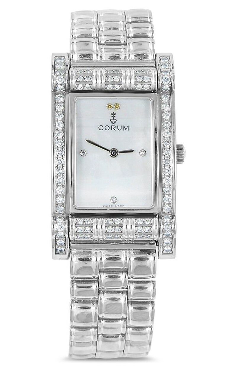 Corum Lady's White Gold Diamond Sapphire Mother-of-Pearl Quartz Wristwatch In Excellent Condition In Naples, FL