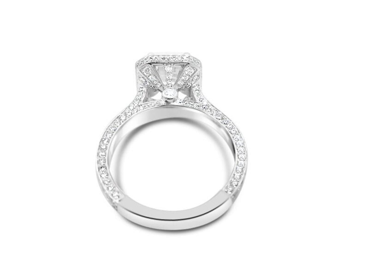 Contemporary 2.47 Carat GIA Cert Emerald Cut Diamond in Diamond Gold Halo Ring