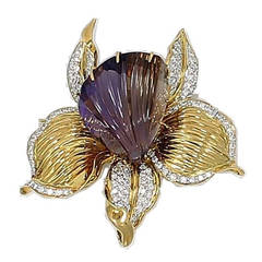 Carved Amethyst Orchid Diamond Gold Flower Brooch