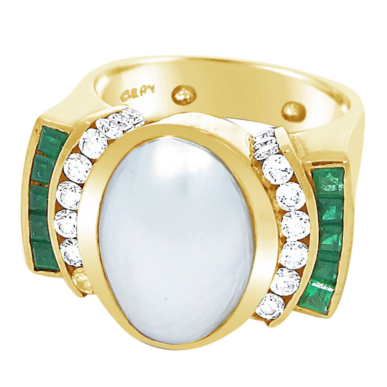 Charles Krypell Pearl Emerald Diamond Gold Cocktail Ring For Sale