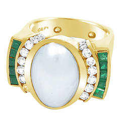 Charles Krypell Pearl Emerald Diamond Gold Cocktail Ring