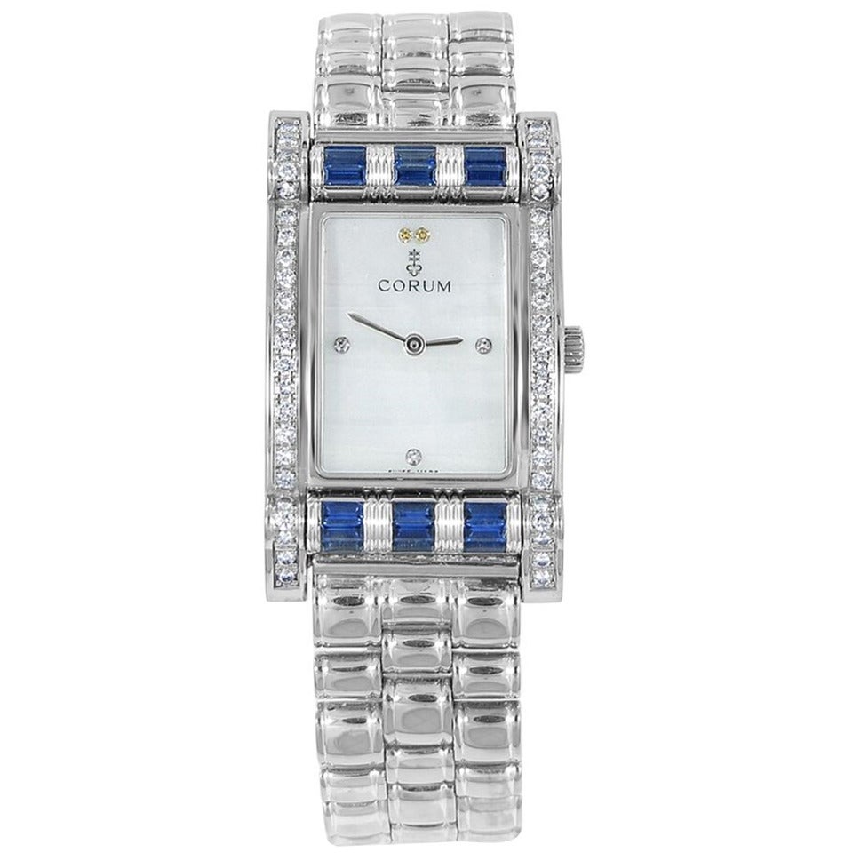 Corum Lady
s White Gold Diamond Sapphire Mother-of-Pearl Quartz Wristwatch