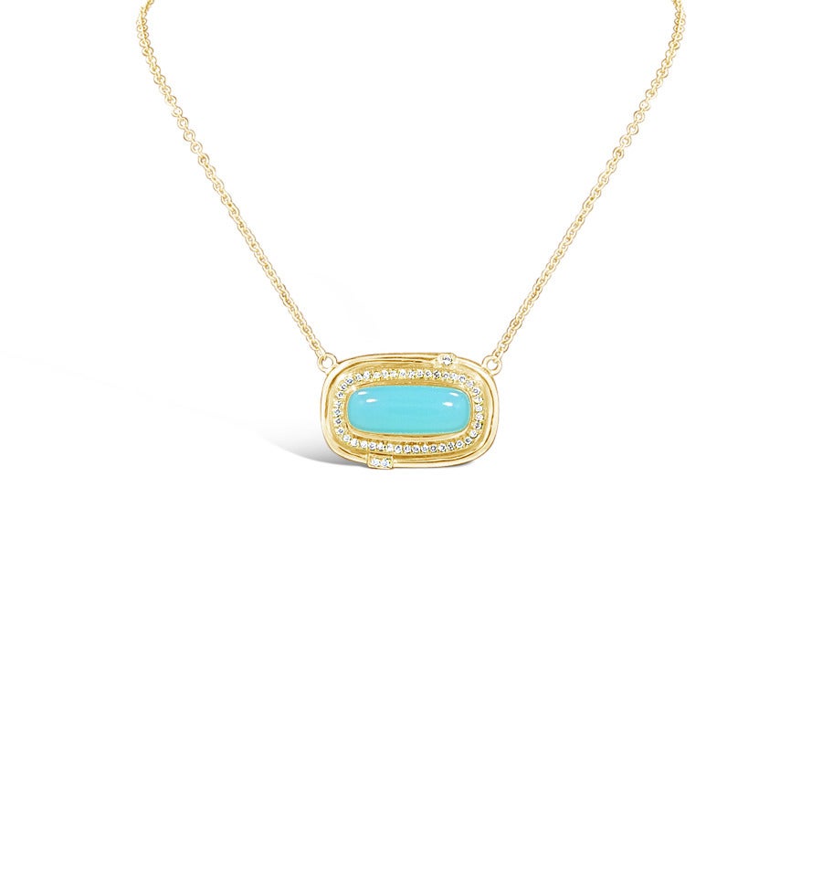 Here is a beautiful SeidenGang necklace with a large Chalcedony in the center surrounded by diamonds on 18K Yellow Gold. Center Chalcedony measures 1