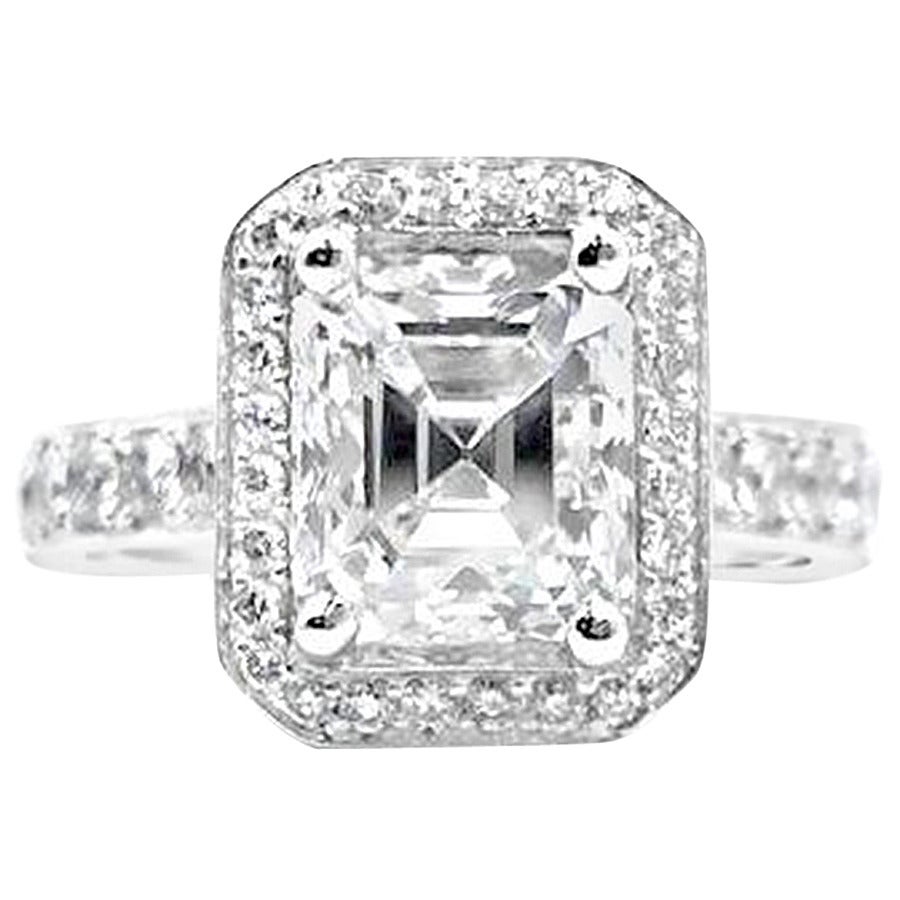 2.47 Carat GIA Cert Emerald Cut Diamond in Diamond Gold Halo Ring