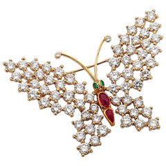 Beautiful Ruby Emerald Diamond Gold Butterfly Brooch