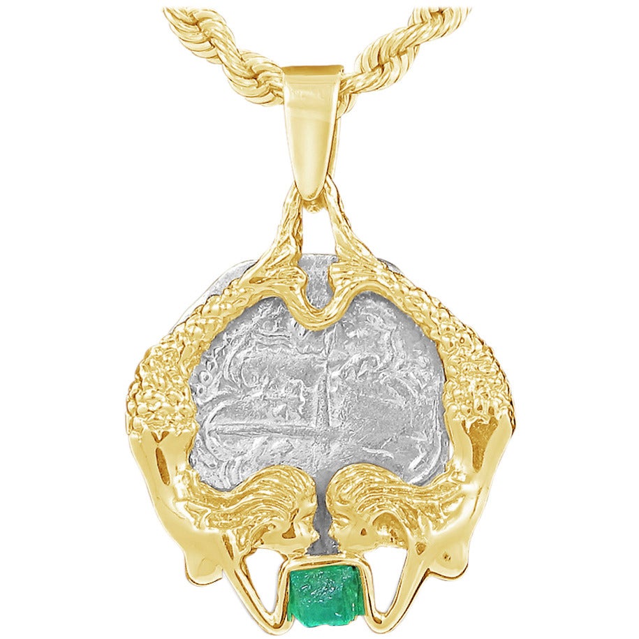 Atocha Silver Coin with Gold Setting of Mermaid Holding Rough Emerald