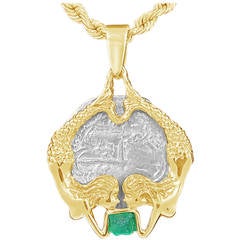 Atocha Silver Coin with Gold Setting of Mermaid Holding Rough Emerald