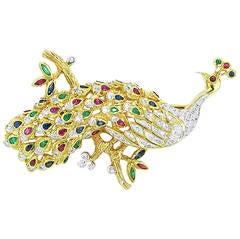 Emerald Ruby Sapphire Diamond Peacock Pin/Brooch