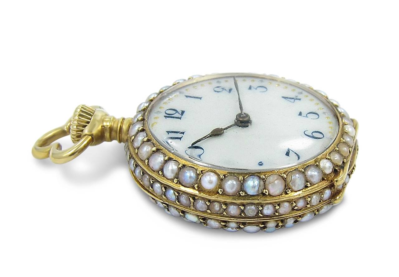 Lady's Yellow Gold Seed Pearl Pocket Watch In Good Condition In Naples, FL
