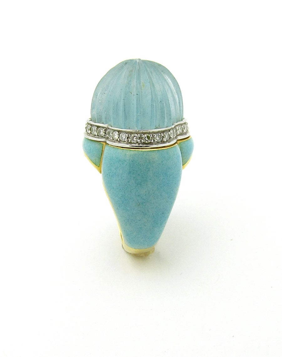 Ruven Perelman 18k Yellow and White gold Sunburst Carved Aquamarine Ring with .50ctw of round diamonds in the rim with Opalescent Sky Enamel. Aquamarine stands approximately .50 inches up from the finger and is in great condition. Ring is a size