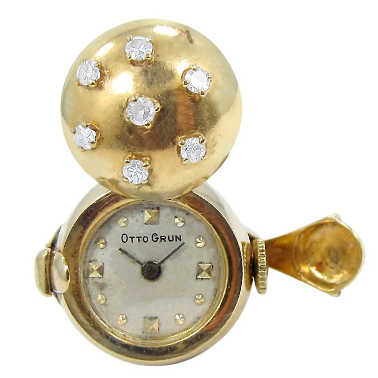 Otto Grun Yellow Gold Diamond Ring Watch For Sale