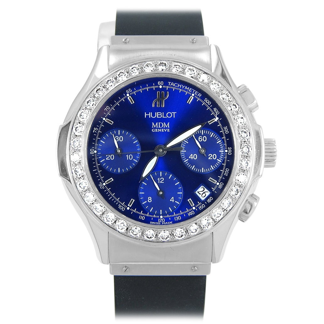 Hublot MDM Geneve Stainless Steel Diamond Bezel Blue Dial Automatic Wristwatch