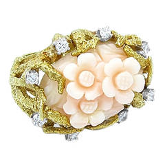 Vintage Carved Coral Flower Diamond Gold Cocktail Ring
