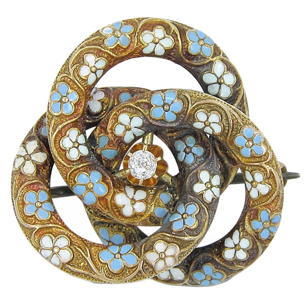 Vintage Blue and White Enamel Flower Brooch/Pendant with Center Diamond For Sale