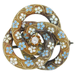 Vintage Blue and White Enamel Flower Brooch/Pendant with Center Diamond