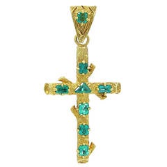 Yellow Gold and Emerald Cross with Bark Design