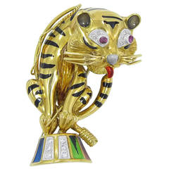 Enamel Diamond Gold Circus Cat Brooch