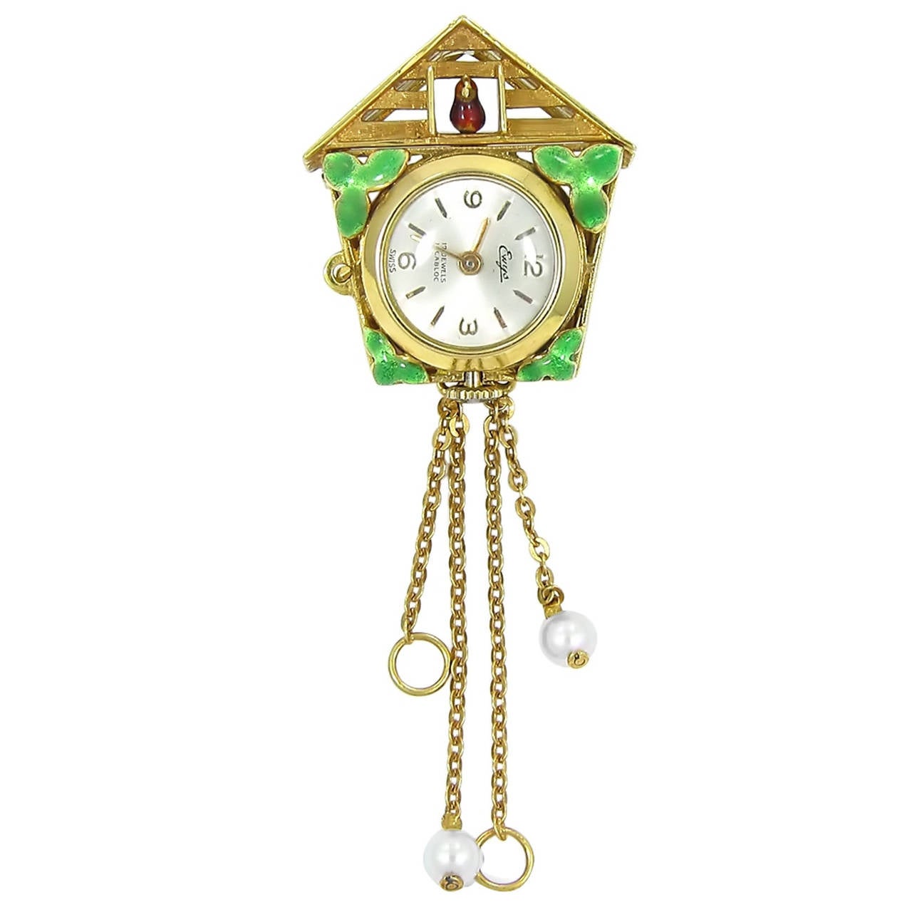 Ewys Cuckoo Clock Watch Brooch with Enamel in Yellow Gold For Sale