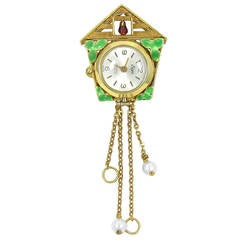 Ewys Cuckoo Clock Watch Brooch with Enamel in Yellow Gold