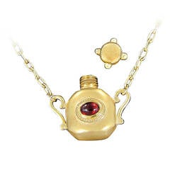 Gold Bottle Necklace with Red and Green Cabochon Stones 5