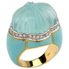 Vintage Ruven Perelman Carved Aquamarine Enamel Diamond Gold Sunburst Ring