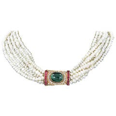 Six Strand Pearl Necklace with Ruby Emerald Diamond Gold Clasp 6