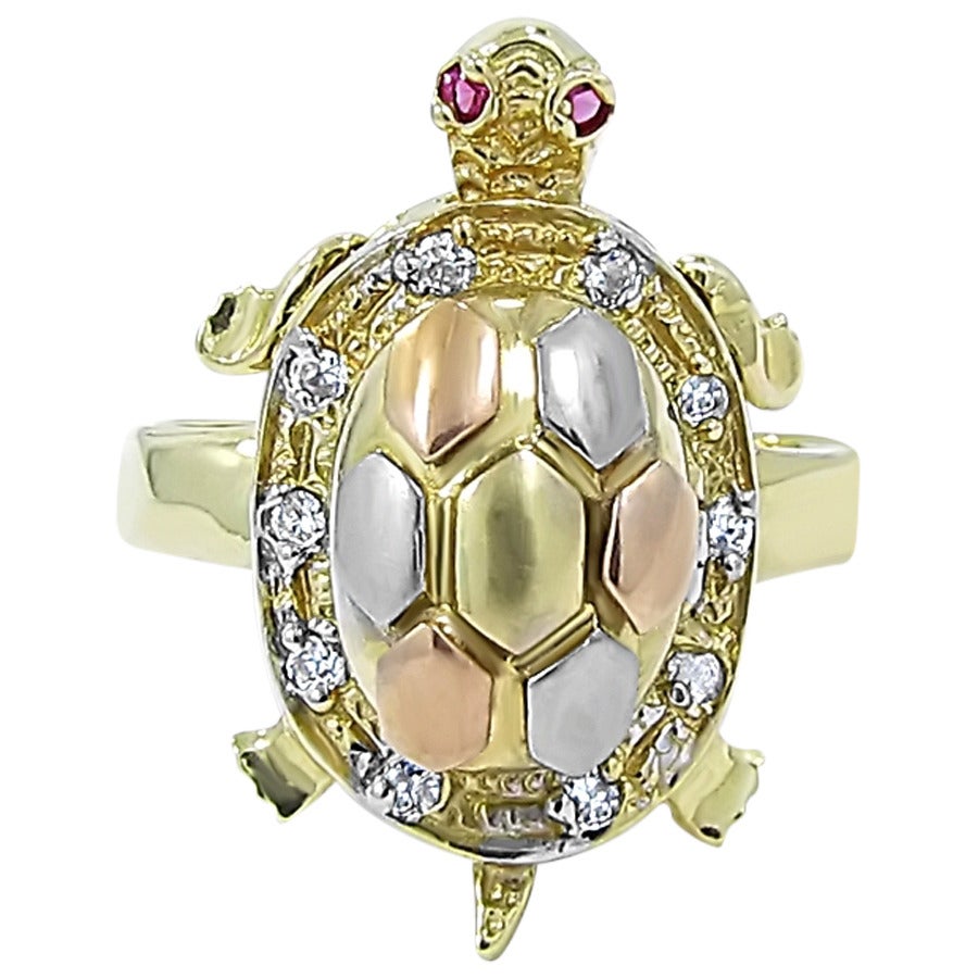 Diamond Ruby Three Color Gold Turtle Ring with Baby Turtle Inside Shell