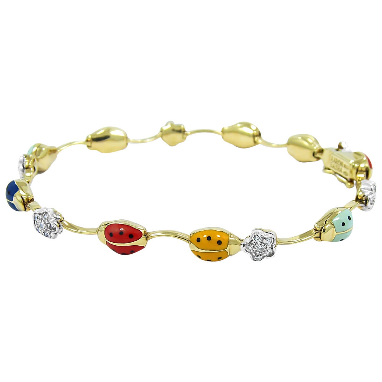 Aaron Basha Enamel Diamond Gold Ladybug Bracelet For Sale