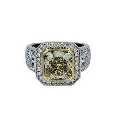 4.05 Carat GIA Cert Radiant Light Yellow Diamond Gold Engagement Ring