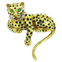 Antique Black Enamel Emerald Diamond Gold Panther Brooch