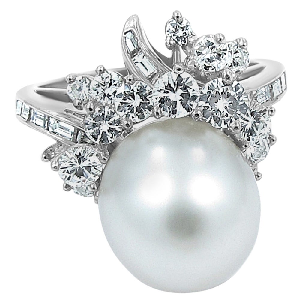 South Sea Cultured Pearl Diamond Platinum Cluster Ring