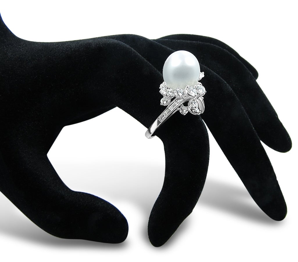 South Sea Cultured Pearl Diamond Platinum Cluster Ring In Excellent Condition In Naples, FL