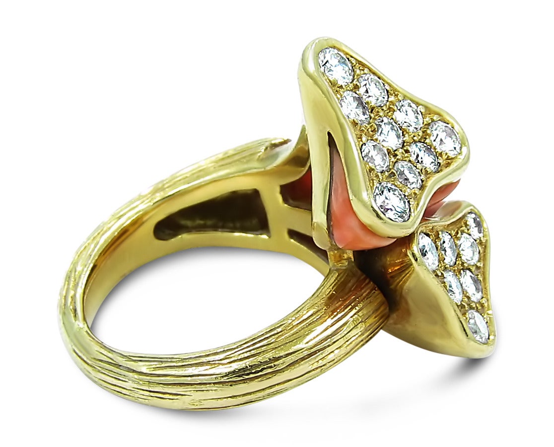 Coral Diamond Gold Cocktail Ring In Excellent Condition In Naples, FL