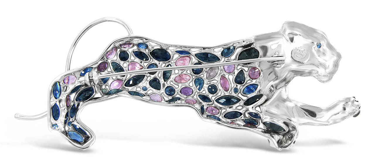BAGA Multi Shape Blue and Pink Sapphire Gold Panther Brooch In Excellent Condition In Naples, FL