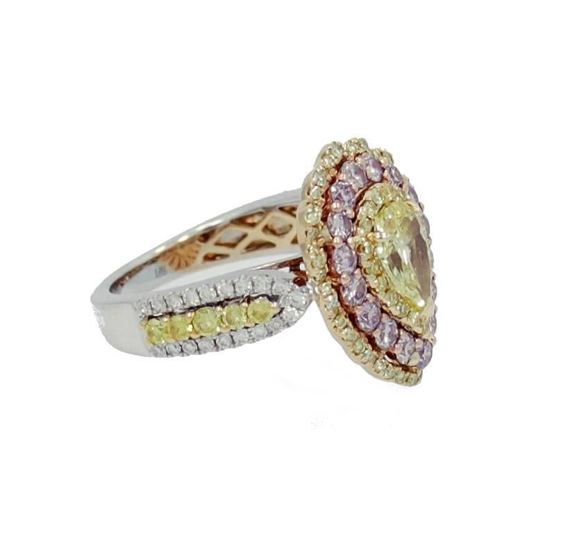 Fancy Intense Yellow Pear Shaped Diamond Ring with Pink and White Diamonds In New Condition For Sale In Naples, FL