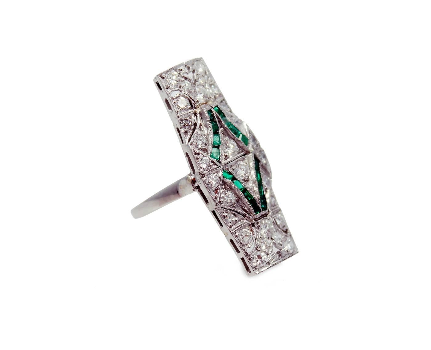 Very Special Art Deco Ring in Platinum with 28 Diamond with a total of 1.00 carats and 16 Emeralds. This ring is a size 6 3/4, but can be sized if needed. Very classic piece. 