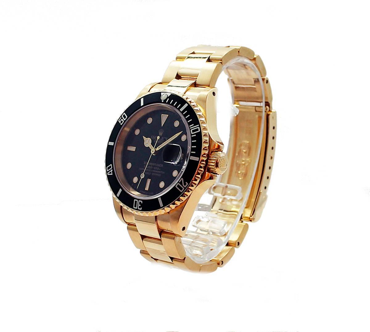 Rolex Yellow Gold Submariner Black Dial Wristwatch Ref 16618 In Excellent Condition In Naples, FL
