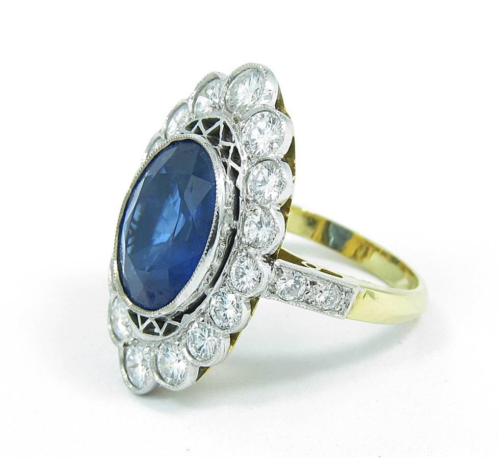 Art Deco Ceylon Blue Sapphire Diamond Gold Ring For Sale