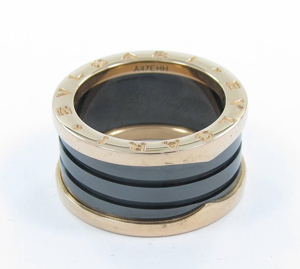 Pleased to offer this BVLGARI B.Zero1 ring in 18k pink gold with black ceramic. This ring is in absolutely beautiful condition with high polish gold and no signs of wear. Ring is a size 57 (8 U.S.). Ring is 12mm in width and weighs 11.4grams. 