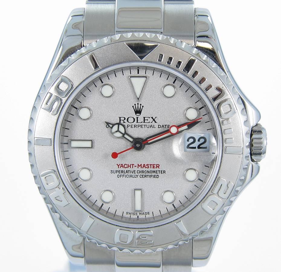 Rolex Platinum Yachtmaster Midsize Automatic Wristwatch Ref 168622 In Excellent Condition In Naples, FL