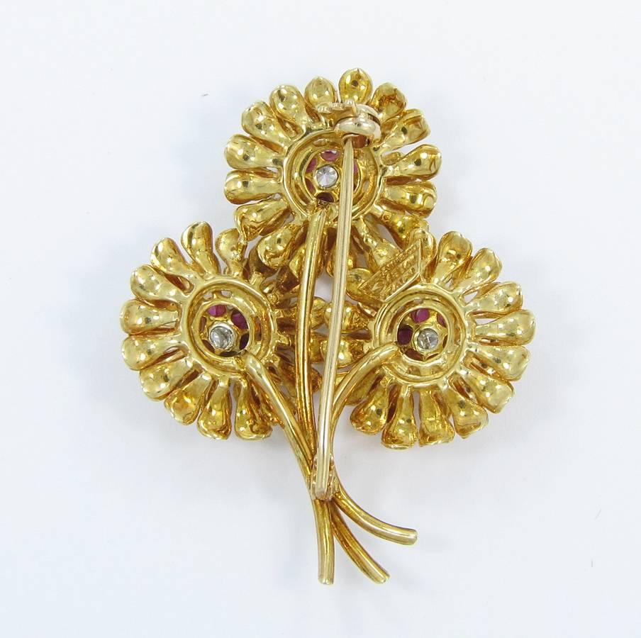 Tiffany & Co. Ruby Diamond Gold Flower Pin In Excellent Condition For Sale In Naples, FL